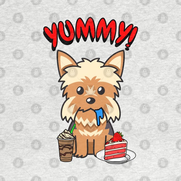 Cute yorkie dog is having coffee and cake by Pet Station